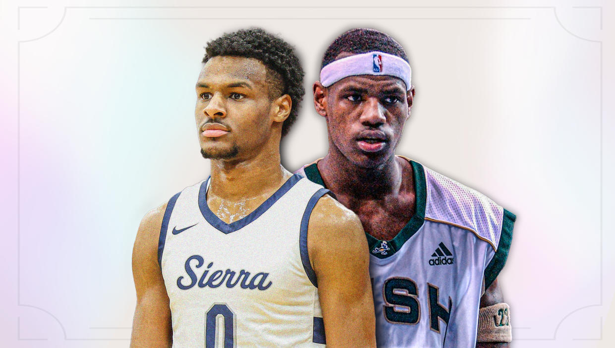From 2003 to 2023, how LeBron James was scouted as a high schooler is vastly different than his son, Bronny's, experience. (Graphic by Michael Wagstaffe/Yahoo Sports)