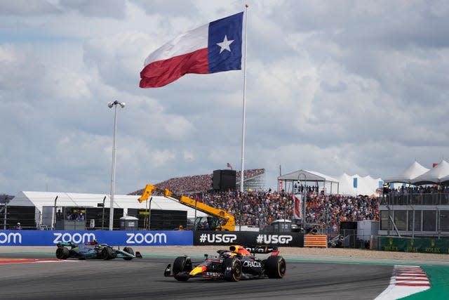 Max Verstappen (right) leads Lewis Hamilton 