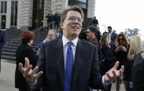Attorney Mark Lanier speaks to the media outside the U.S. Federal courthouse, Monday, Oct. 21, 2019, in Cleveland. The nation's three dominant drug distributors and a big drugmaker have reached a $260 million deal to settle a lawsuit related to the opioid crisis just as the first federal trial over the crisis was due to begin Monday. (AP Photo/Tony Dejak)