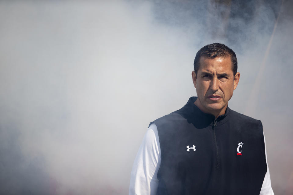 Oct 16, 2021; Cincinnati, Ohio, USA; Cincinnati Bearcats head coach Luke Fickell looks on before the NCAA football game between the Cincinnati Bearcats and the UCF Knights at Nippert Stadium. Mandatory Credit: Albert Cesare / The Enquirer-USA TODAY Sports