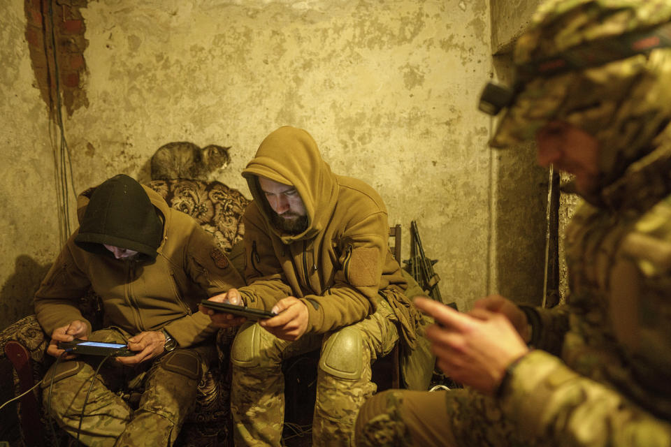 CORRECTS SPELLING OF DATELINE TO KHARKIV INSTEAD OF KHARKOV - Ukrainian national guard servicemen from the Khartia Brigade fly a "vampire" drone while bombing Russian positions at the front line near Kharkiv, Ukraine, Friday, May 17, 2024. (AP Photo/Evgeniy Maloletka)