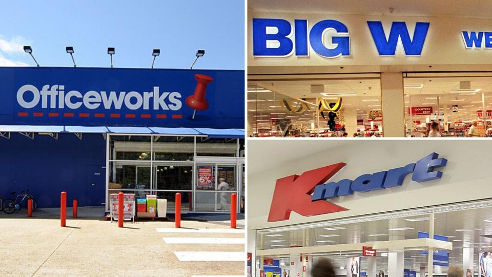 Pictured: Officeworks store front, Big W, Kmart. Images: Getty