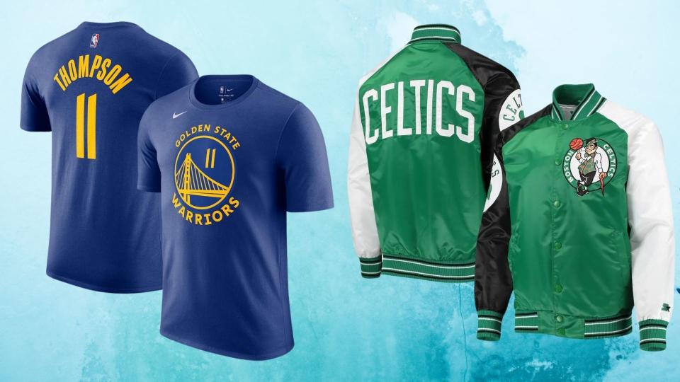 Blue Golden State shirt and green Boston Celtics jacket.
