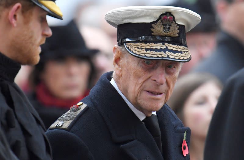 FILE PHOTO: Britain's Prince Harry and Prince Philip attend an event at the Field of Rememberance in front of Westminster Abbey in London