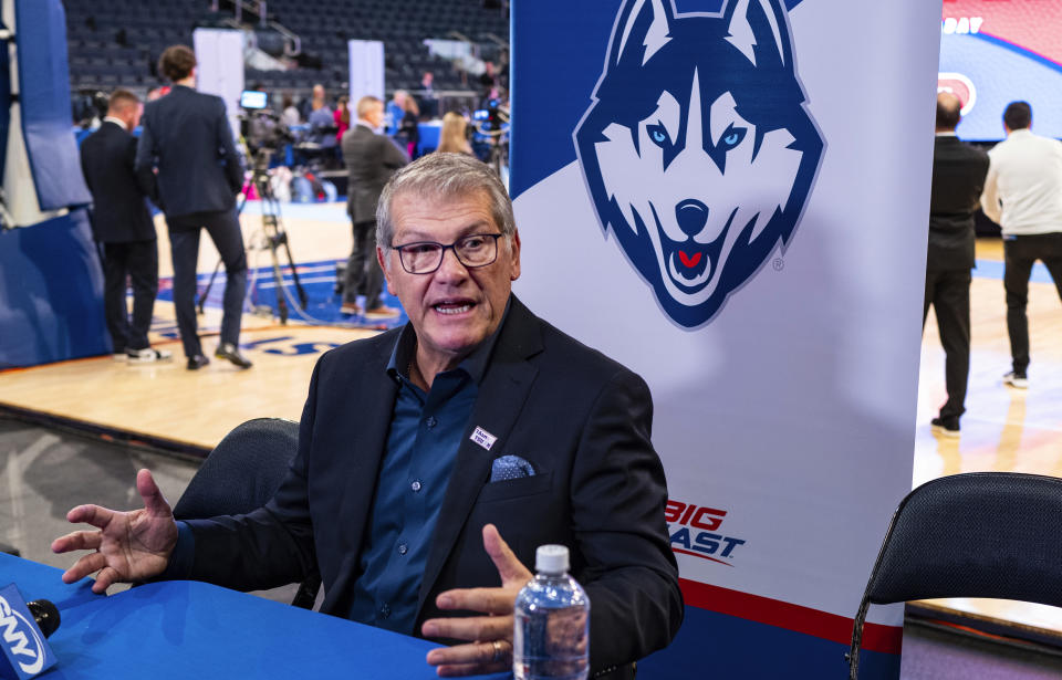 Connecticut coach Geno Auriemma answers a question during the Big East NCAA college basketball media day, Tuesday, Oct. 24, 2023, at Madison Square Garden in New York. (AP Photo/Craig Ruttle)