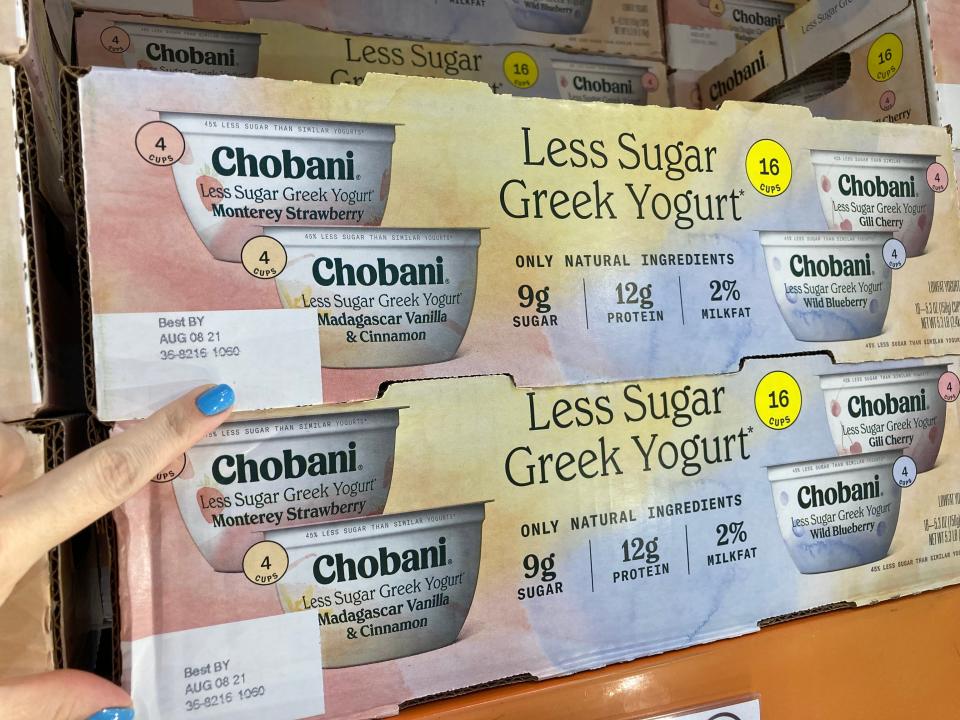 package of bulk chobani greek yogurt on the shelves at costco