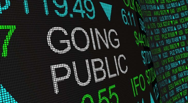 "Going Public" is displayed in white text on a digital ticker tape.
