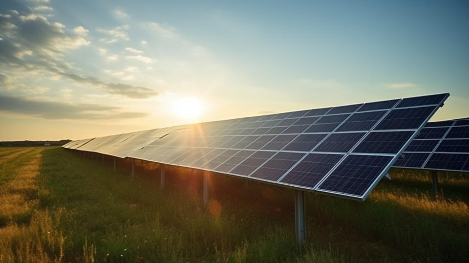 Solar panels in a large field, gleaming under the blazing sun.