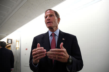 FILE PHOTO: Sen. Richard Blumenthal, D-CT, arrives for the Senate Judiciary Committee confirmation hearing for U.S. Supreme Court nominee Brett Kavanaugh in Washington, U.S., September 27, 2018. REUTERS/Mary F. Calvert/File Photo
