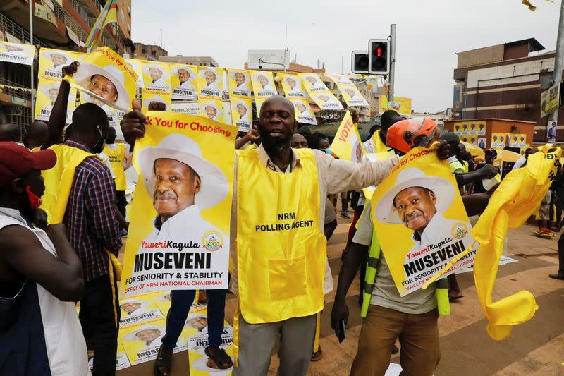 A polling agent from the National Resistance Movement (NRM) party celebrates the victory of Uganda's President Yoweri Museveni in the concluded general elections in Kampala