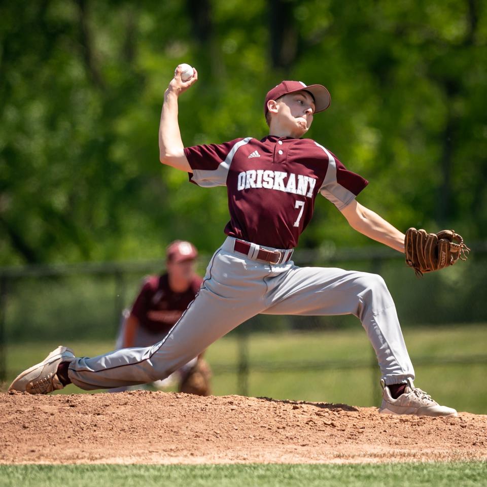Oriskany's Anthony Kernan throws a pitch during the finals of the 2023 Section III Class D Baseball Tournament at Onondaga Community College on Monday, May 29, 2023.