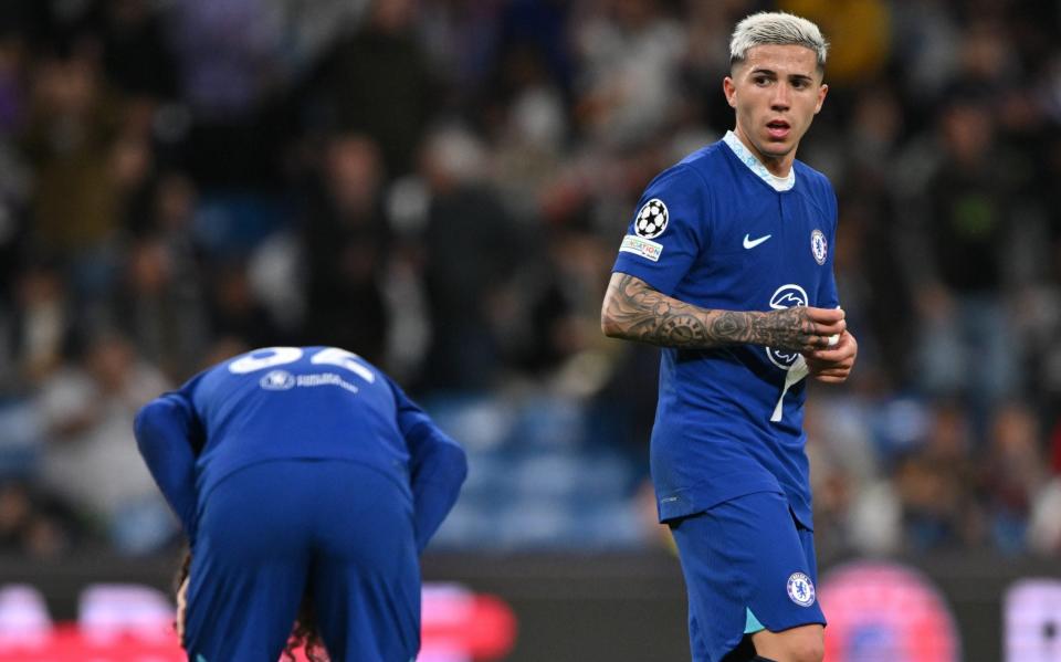 Enzo Fernandez of Chelsea loks dejected after the UEFA Champions League Quarterfinal First Leg match between Real Madrid and Chelsea FC at Estadio Santiago Bernabeu - Getty Images/Will Palmer