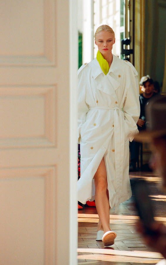 A model wearing slippers at The Row’s Paris catwalk show in Sept 2023