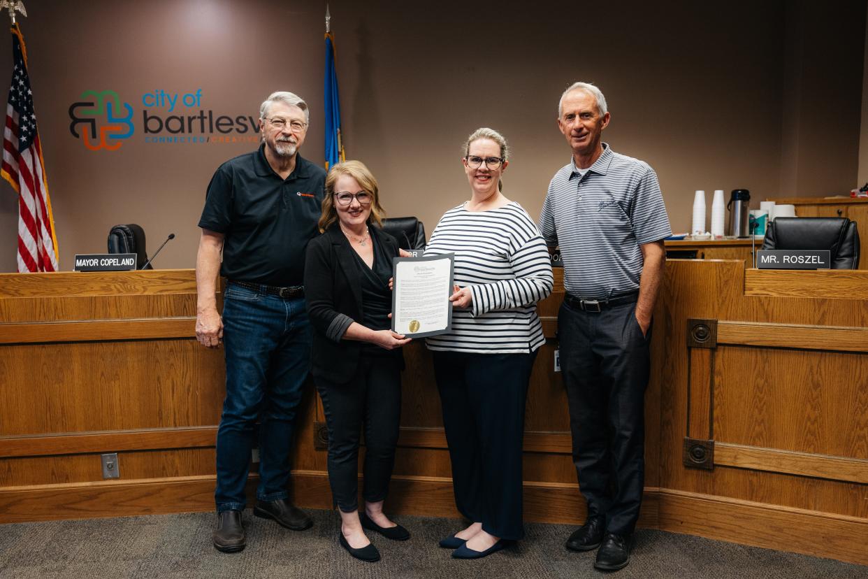 Mayor Dale Copeland, Executive Director of Ray of Hope Advocacy Center Rhonda Hudson, Executive Director of CASA of Northeast Oklahoma Angela Henderson and Vice Mayor Jim Curd declared April as Child Abuse Prevention Month in Bartlesville.