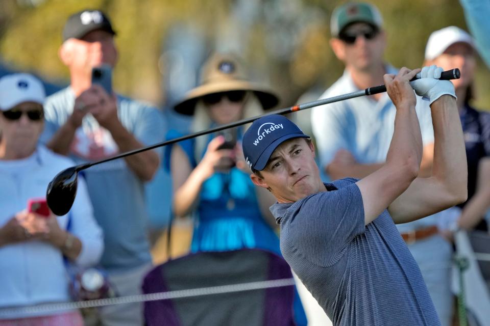 Matt Fitzpatrick of England tees off on the 12th hole during the second round of The Players Championship golf tournament Friday, March 15, 2024, in Ponte Vedra Beach.