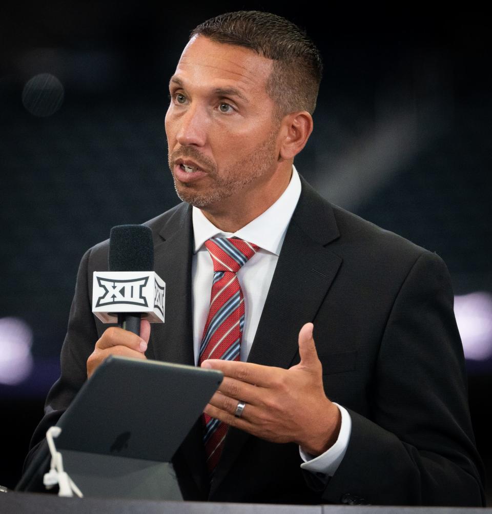 Iowa State coach Matt Campbell speaks with an ESPN reporter Thursday on Day 2 of Big 12 Media Days in AT&T Stadium in Arlington, Texas.