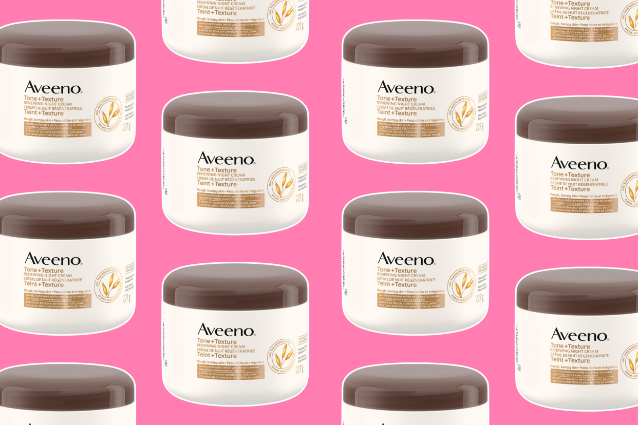 collage of Aveeno Overnight Cream, 227 g on pink background 