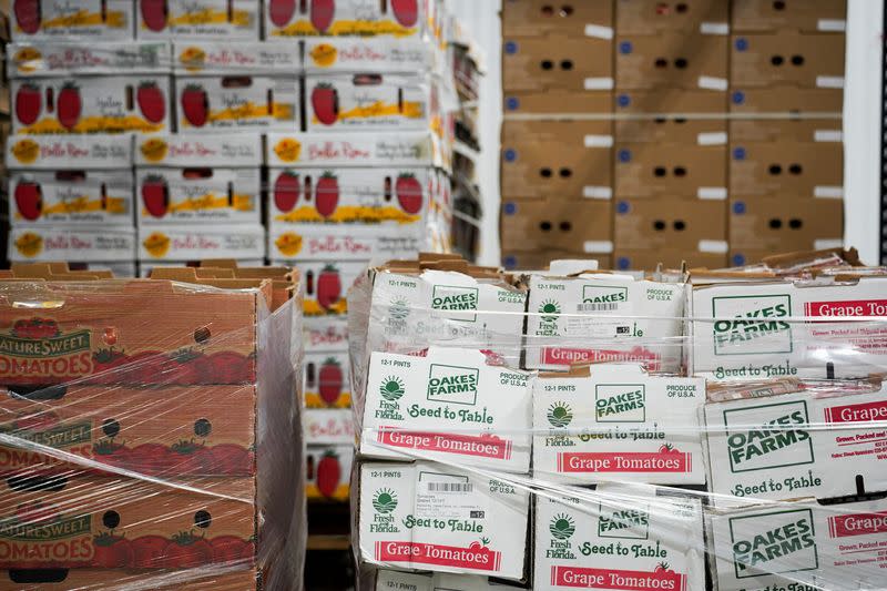 Food stored in boxes is pictured at the nation's largest food bank warehouse, the Atlanta Community Food Bank, in Atlanta