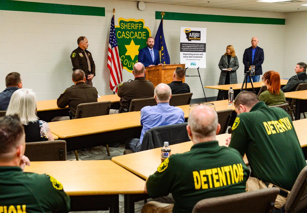 The Cascade County Sheriff's Office, DPHHS and Governor Greg Gianforte announce the Montana Angel Initiative, a new addiction treatment program, on Tuesday at the Cascade County Sheriff's office.