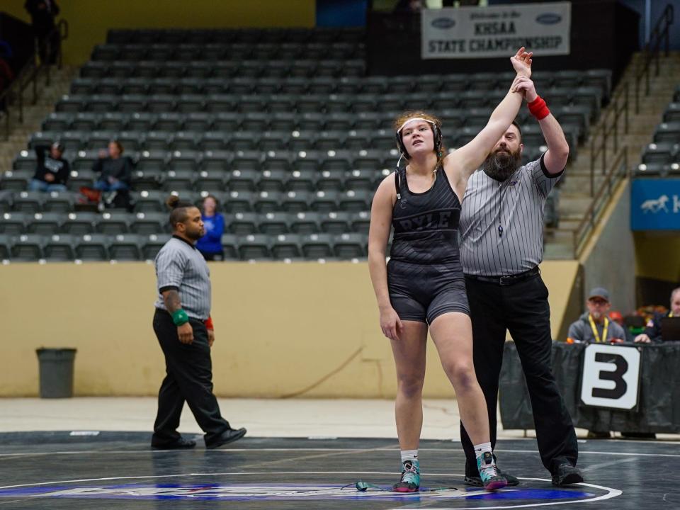 Ryle's Viktoriya Emilianova is declared the 185-pound state champion at the KHSAA girls wrestling state tournament on Feb. 17, 2024 at Alltech Arena in Lexington, Ky.