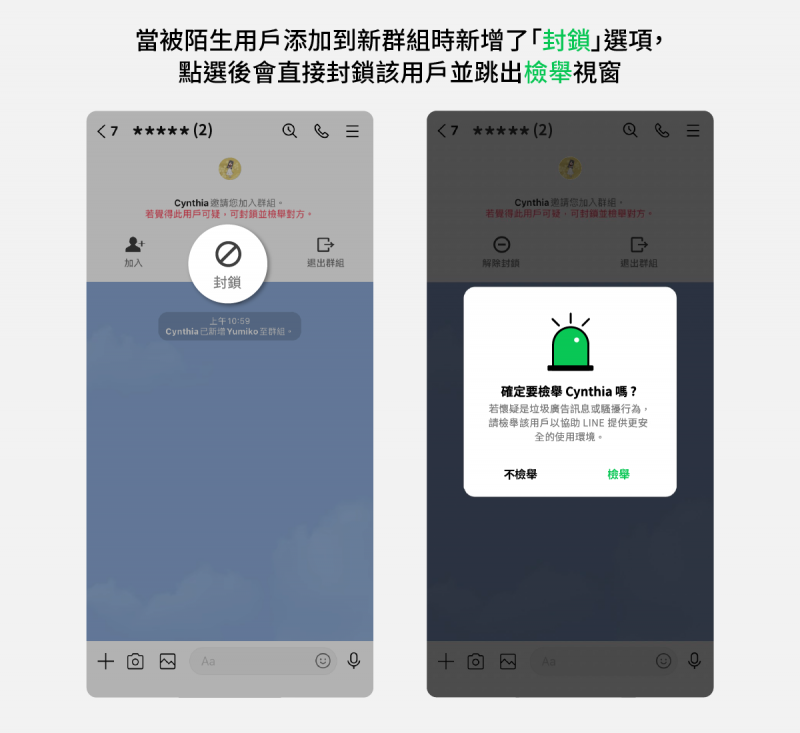 LINE新功能針對群組陌生邀請功能，一鍵直接封鎖與檢舉（圖／取自Line台灣官方BLOG）