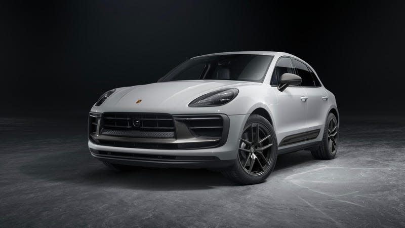 Front 3/4 view of a grey Porsche Macan