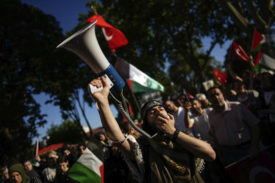 Protesters chant anti Israel slogans during a pro-Palestinian protest in Istanbul, Turkey, Saturday, June 1, 2024. (AP Photo/Emrah Gurel)