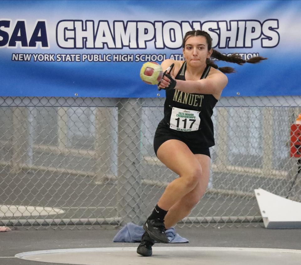 Gabriella Vizcarrondo from Nanuet competes in the girls weight throw at the 2024 New York State Indoor Track and Field Championships at the Ocean Breeze Athletic Complex in Staten Island, March 2, 2024.