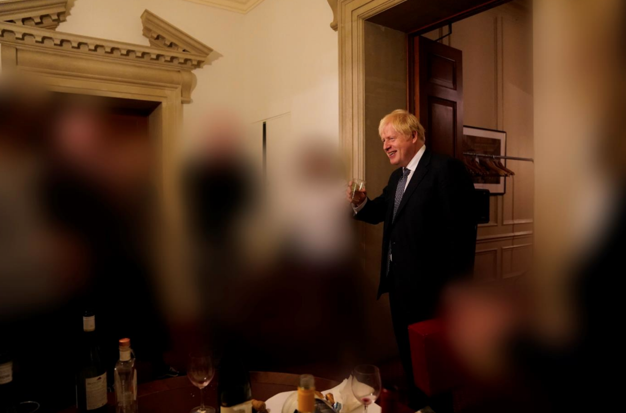 A picture released in the Sue Gray report shows Boris Johnson at a gathering in 10 Downing Street for the departure of a special adviser on 13 November, 2020. (Cabinet Office)