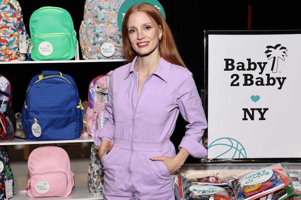 <p>Jamie McCarthy/Getty Images for Baby2Baby</p> Jessica Chastain hosting the Baby2Baby Back2Scool event at Madison Square Garden in New York City on Oct. 14, 2023