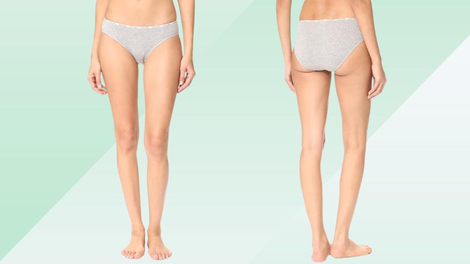 Person wearing light gray underwear, front and back