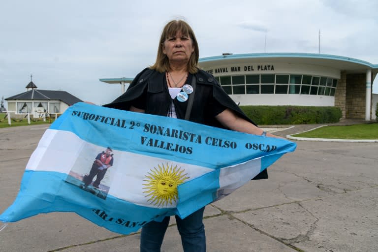 Zulma Sandoval, 56, mother of missing submariner Celso Vallejos, stands with her banner outside the Mar del Plata naval base