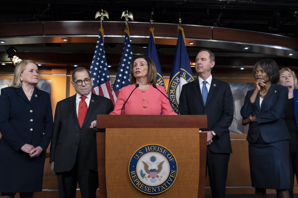 Speaker of the House Nancy Pelosi, D-Calif., speaks during a news conference to announce impeachment managers at the Capitol in Washington, Wednesday, Jan. 15, 2020. From left are, Rep. Sylvia Garcia, D-Texas, House Judiciary Committee Chairman, Rep. Jerrold Nadler, D-N.Y., Speaker Pelosi, House Intelligence Committee Chairman Adam Schiff, D-Calif., Rep. Val Demings, D-Fla., and Rep. Zoe Lofgren, D-Calif. (AP Photo/J. Scott Applewhite)