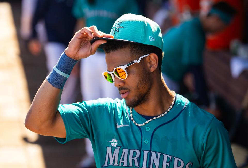 Mar 5, 2024; Peoria, Arizona, USA; Seattle Mariners outfielder Julio Rodriguez against the Texas Rangers during a spring training baseball game at Peoria Sports Complex. Mandatory Credit: Mark J. Rebilas-USA TODAY Sports