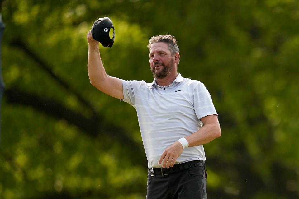 Michael Block celebrates after his hole-in-one on the 15th hole during the final round of the PGA Championship golf tournament at Oak Hill Country Club on Sunday, May 21, 2023, in Pittsford, N.Y.