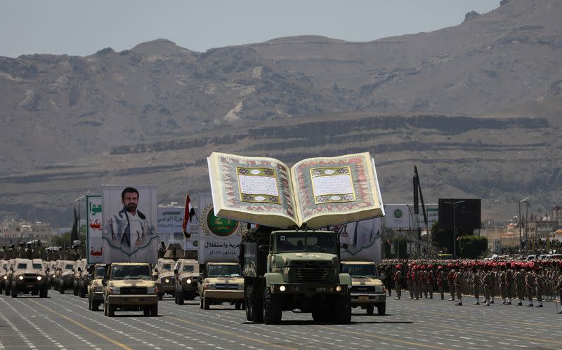 Houthis hold a military parade to mark the anniversary of their takeover in Sanaa