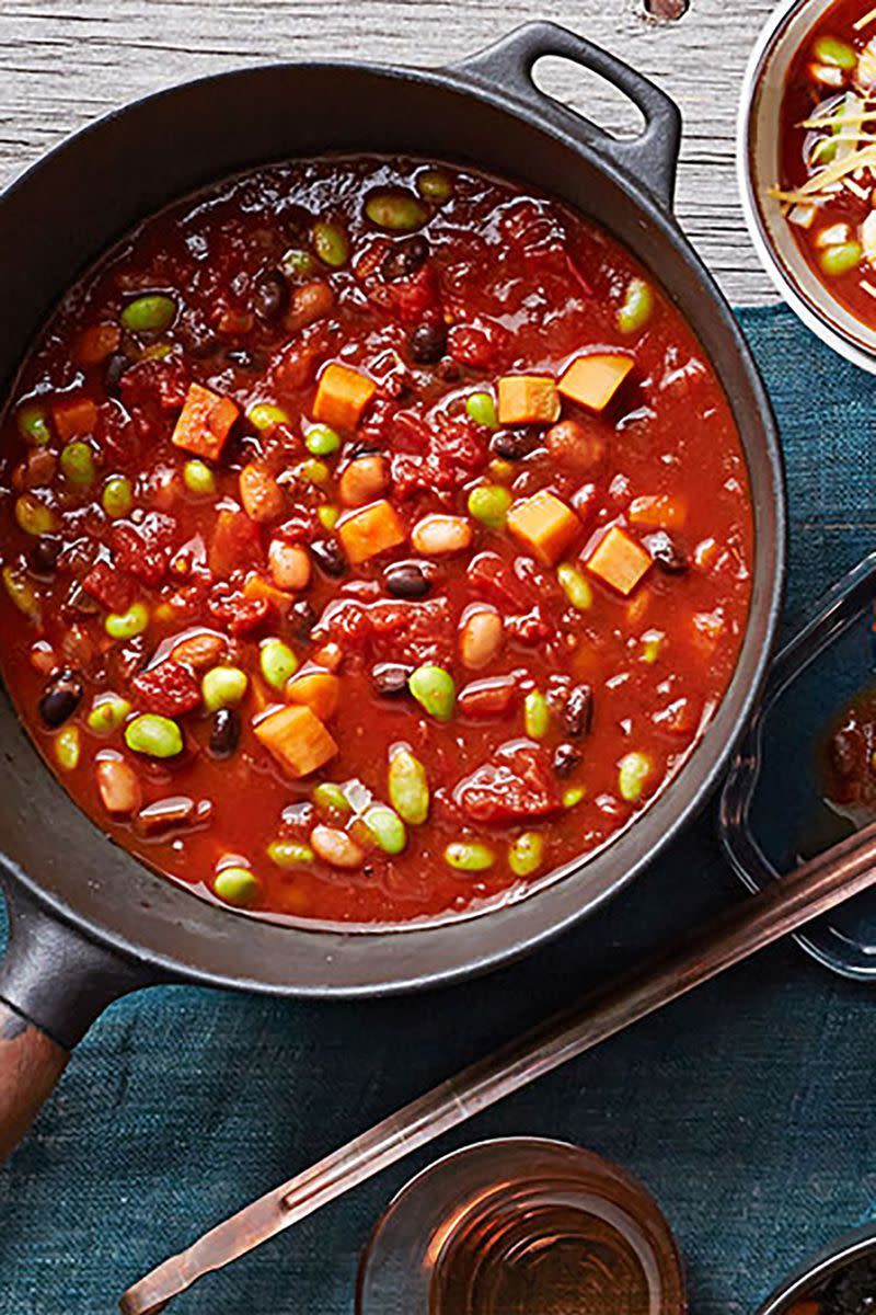 <p>This vegetarian chili is just as hearty and filling as the original version, but this one's loaded with nutritious ingredients.</p><p><strong><a href="https://www.countryliving.com/food-drinks/recipes/a34297/3-bean-sweet-potato-chili-recipe-ghk0215/" rel="nofollow noopener" target="_blank" data-ylk="slk:Get the recipe for 3-Bean Sweet Potato Chili;elm:context_link;itc:0;sec:content-canvas" class="link ">Get the recipe for 3-Bean Sweet Potato Chili</a>.</strong> </p>