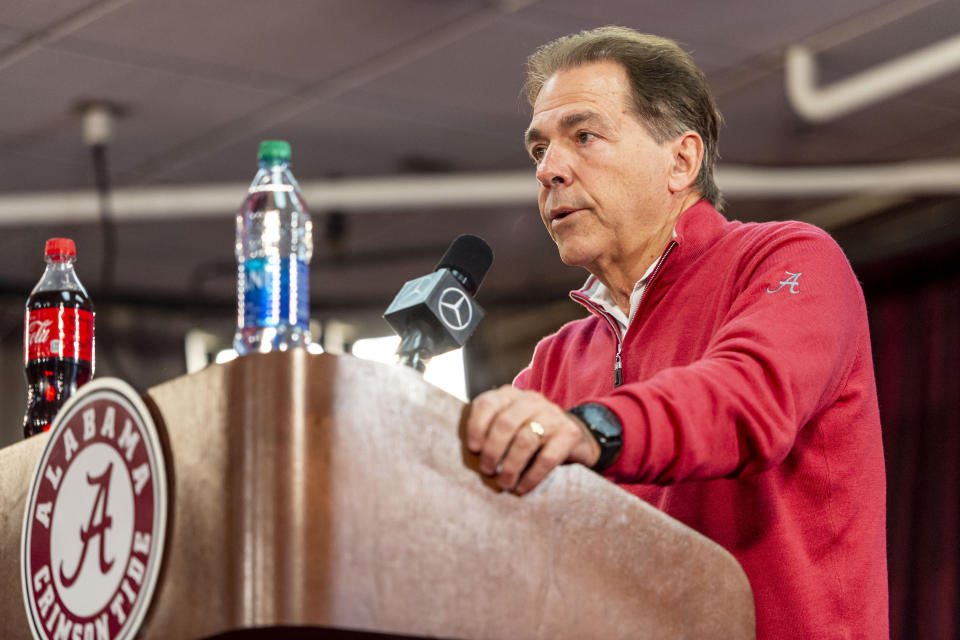 Alabama football coach Nick Saban introduces and thanks Alabama quarterback Tua Tagovailoa before he announces his intentions to declare for the 2020 NFL draft, Monday, Jan. 6, 2020, in Tuscaloosa, Ala. (AP Photo/Vasha Hunt)