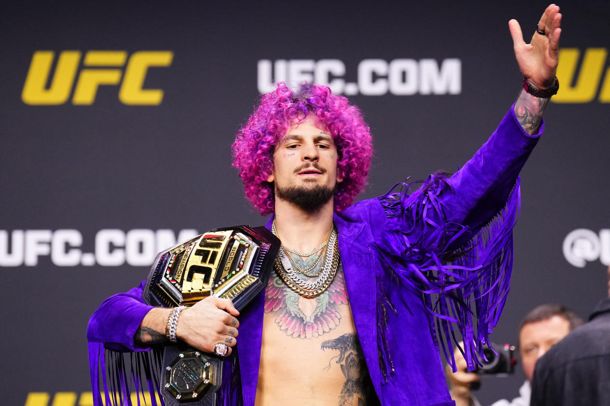 LAS VEGAS, NEVADA - DECEMBER 15: UFC bantamweight champion Sean O'Malley is seen on stage during the UFC 2024 seasonal press conference at MGM Grand Garden Arena on December 15, 2023 in Las Vegas, Nevada. (Photo by Chris Unger/Zuffa LLC via Getty Images)