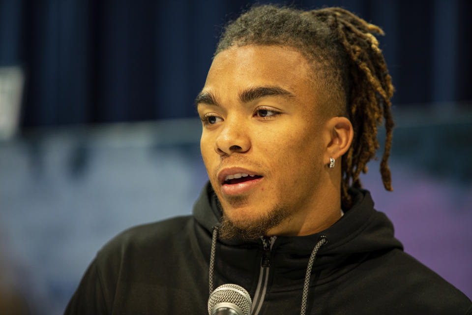 Chase Claypool talks to the media at the NFL Scouting Combine on Tuesday, Feb. 25, 2020 in Indianapolis. (Detroit Lions via AP)