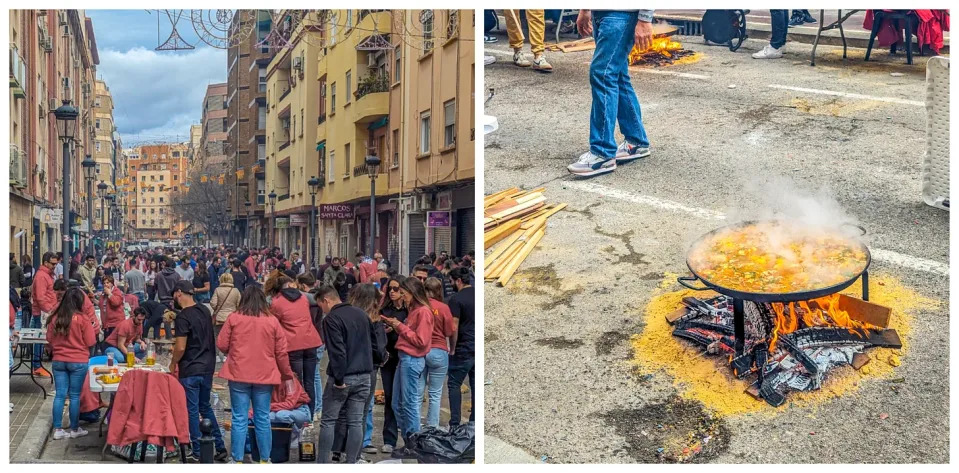 On the left, a group of Valencians wearing red jackets at a community get together on the strees; on the right, a pan of paella cooking on the street. 