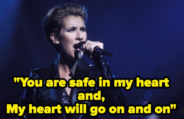 Still from the music video with the lyric: "You are safe in my heart and, My heart will go on and on"