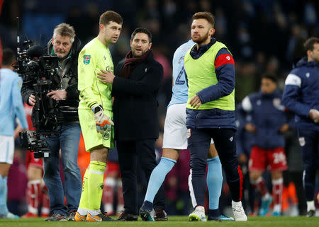 Soccer Football - Carabao Cup Semi Final First Leg - Manchester City vs Bristol City - Etihad Stadium, Manchester, Britain - January 9, 2018 Bristol City manager Lee Johnson with Frank Fielding after the match Action Images via Reuters/Carl Recine
