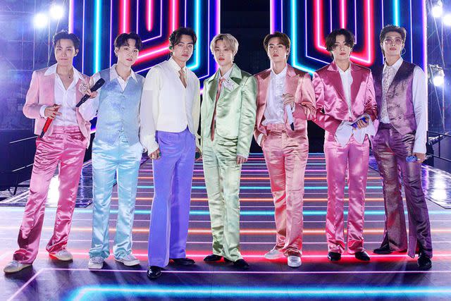 <p>Big Hit Entertainment/AMA2020/Getty</p> From left: J-Hope, Suga, V, Jimin, Jin, Jungkook, RM of BTS perform onstage for the 2020 American Music Awards in November 2020