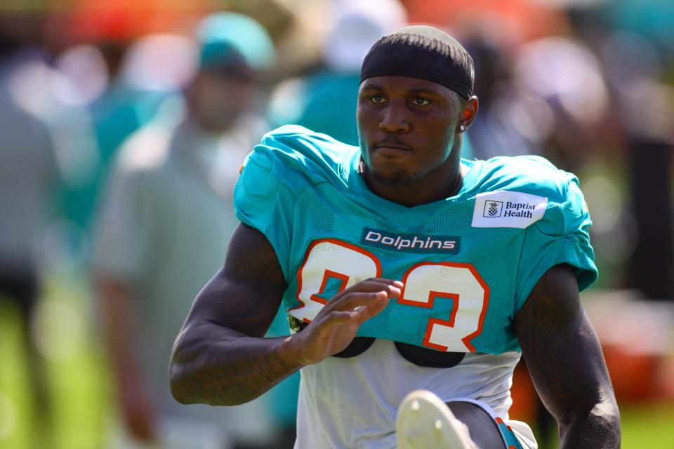 Aug 15, 2024; Miami Gardens, FL, USA; Miami Dolphins wide receiver Malik Washington (83) works out during joint practice with the Washington Commanders at Baptist Health Training Complex. Mandatory Credit: Sam Navarro-USA TODAY Sports