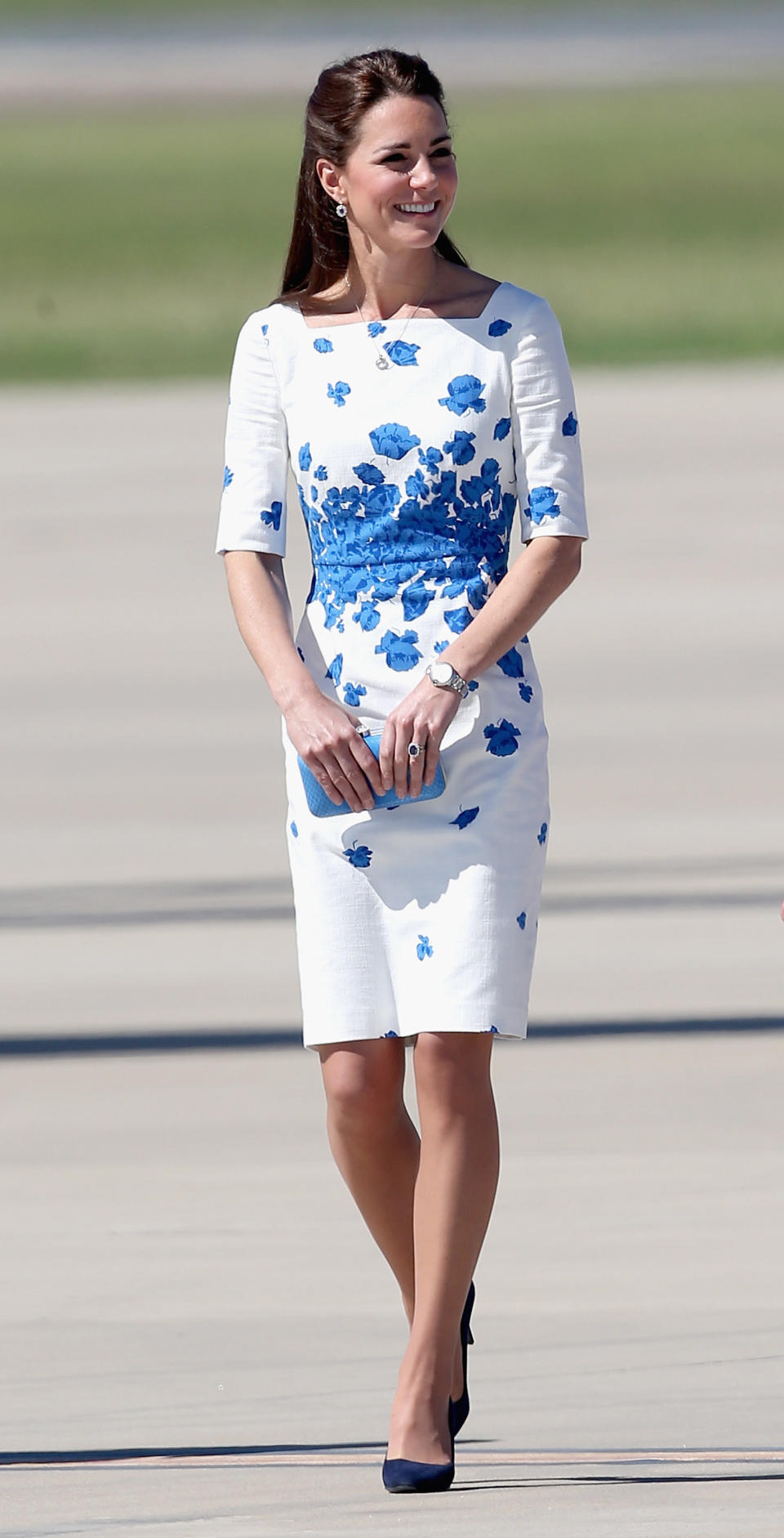 Kate stopped traffic in a lovely floral-print frock by L.K Bennett while arriving at the Royal Australian Airforce Base in Brisbane on April 19, 2014.