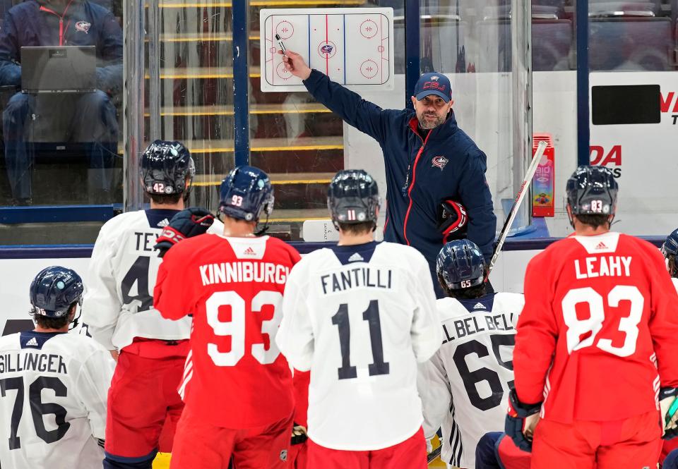 Sep 21, 2023; Columbus, Ohio, USA; Columbus Blue Jackets head coach Pascal Vincent goes over a drill during training camp Nationwide Arena.