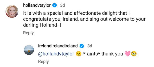 Ireland Baldwin/Instagram Holland Taylor's comment on Ireland Baldwin's Instagram post announcing the birth of her baby girl