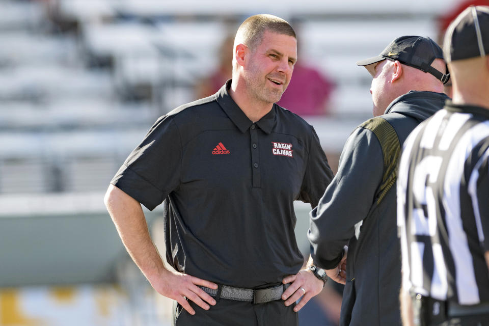 Louisiana-Lafayette head coach Billy Napier talks before the Sun Belt Conference championship NCAA college football game against Appalachian State in Lafayette, La., Saturday, Dec. 4, 2021. (AP Photo/Matthew Hinton)