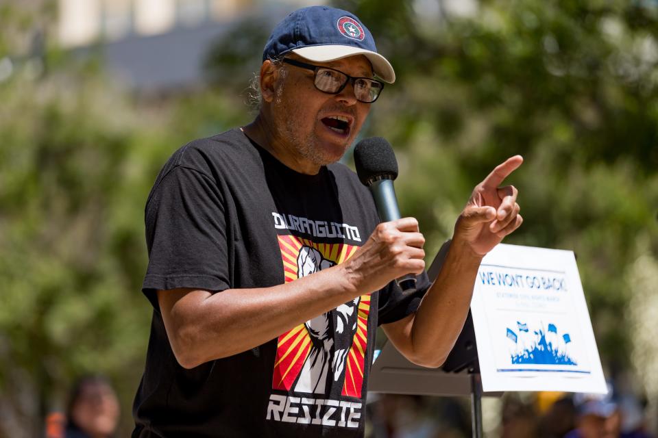 Former State Senator Jose Rodriguez speaks at San Jacinto Plaza after members of the Texas Democratic Caucus, local elected officials and community leaders marched against efforts to turn back progress on diversity, equity and inclusion across Texas on Saturday, April 22, 2023.